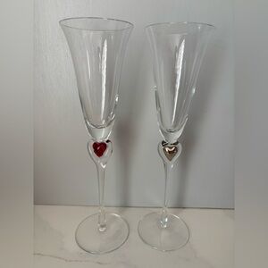 Set of 2 Ambiance Red & Gold Heart Art Glass Stem Champagne Flutes